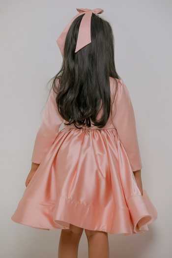 Lil Angels_Peach Satin, Net, Cotton Cutdana Flower Embroidered Dress _at_Aza_Fashions