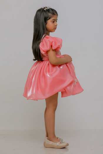 Lil Angels_Peach Cotton Pearl Bow Dress _Online_at_Aza_Fashions