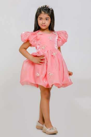 Buy_Lil Angels_Peach Cotton Pearl Bow Dress _Online_at_Aza_Fashions