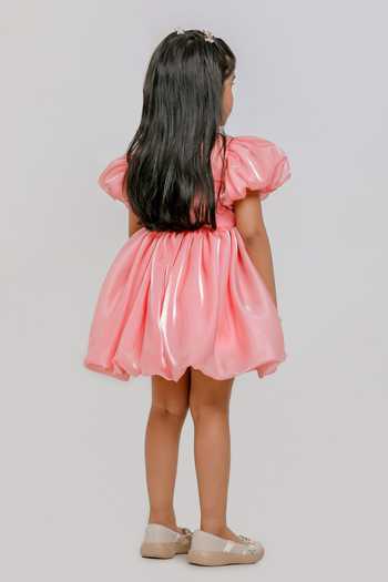 Shop_Lil Angels_Peach Cotton Pearl Bow Dress _at_Aza_Fashions