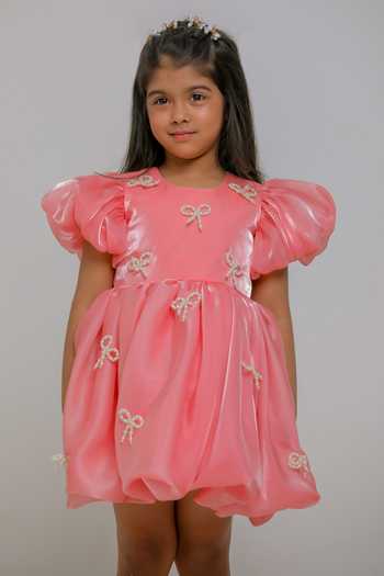 Shop_Lil Angels_Peach Cotton Pearl Bow Dress _Online_at_Aza_Fashions