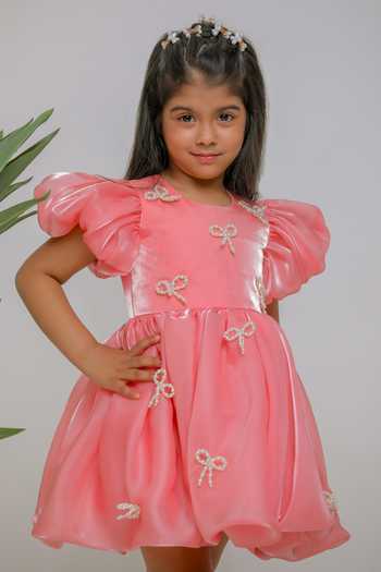 Lil Angels_Peach Cotton Pearl Bow Dress _at_Aza_Fashions