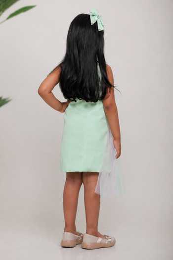 Shop_Lil Angels_Green Crepe Butterfly Embroidered Draped Dress _at_Aza_Fashions