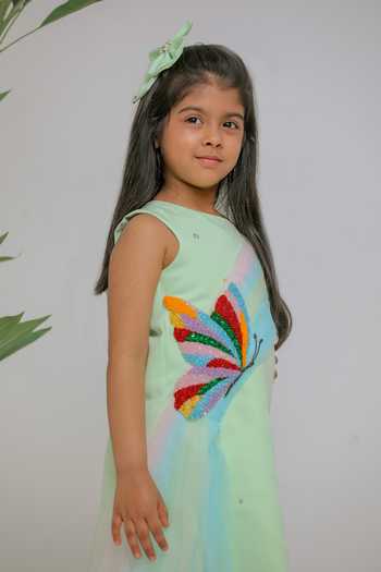 Lil Angels_Green Crepe Butterfly Embroidered Draped Dress _Online_at_Aza_Fashions
