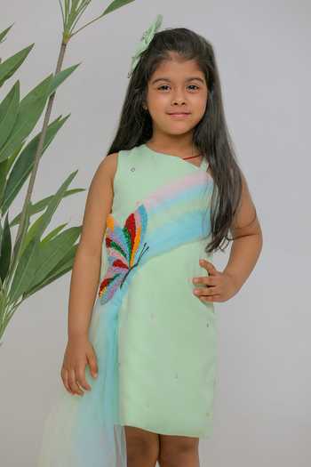 Buy_Lil Angels_Green Crepe Butterfly Embroidered Draped Dress _Online_at_Aza_Fashions