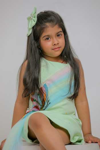 Shop_Lil Angels_Green Crepe Butterfly Embroidered Draped Dress _Online_at_Aza_Fashions