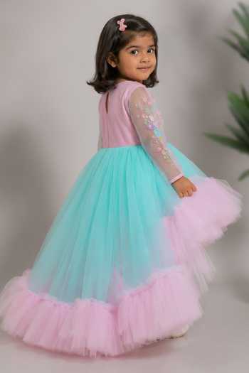 Shop_Lil Angels_Pink Cotton, Net Blue High Low Dress _at_Aza_Fashions