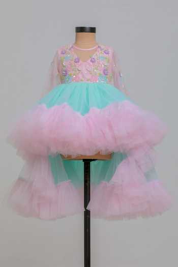 Lil Angels_Pink Cotton, Net Blue High Low Dress _Online_at_Aza_Fashions