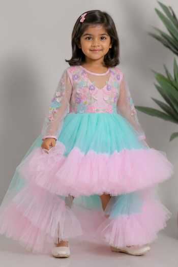 Buy_Lil Angels_Pink Cotton, Net Blue High Low Dress _at_Aza_Fashions