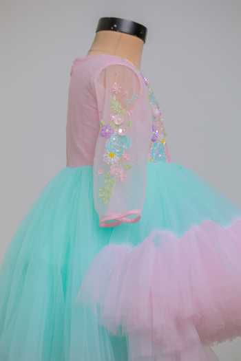 Shop_Lil Angels_Pink Cotton, Net Blue High Low Dress _Online_at_Aza_Fashions