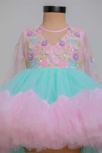Lil Angels_Pink Cotton, Net Blue High Low Dress _at_Aza_Fashions