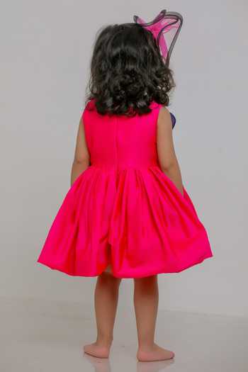 Shop_Lil Angels_Pink Silk, Cotton Blue Petal Embroidered Dress _at_Aza_Fashions