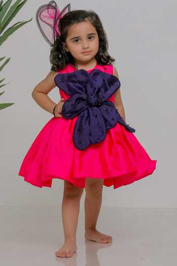 Lil Angels_Pink Silk, Cotton Blue Petal Embroidered Dress _Online_at_Aza_Fashions