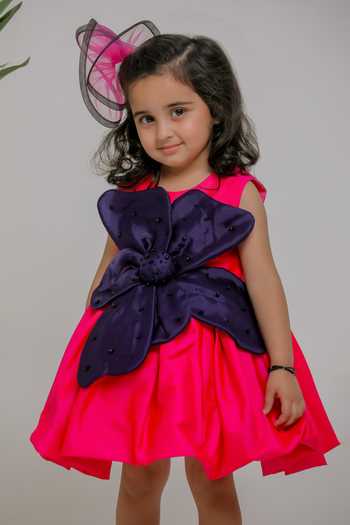 Buy_Lil Angels_Pink Silk, Cotton Blue Petal Embroidered Dress _Online_at_Aza_Fashions