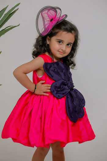 Shop_Lil Angels_Pink Silk, Cotton Blue Petal Embroidered Dress _Online_at_Aza_Fashions