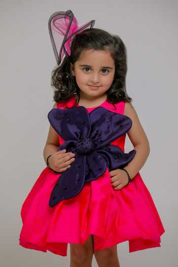 Lil Angels_Pink Silk, Cotton Blue Petal Embroidered Dress _at_Aza_Fashions