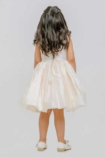 Shop_Lil Angels_White Silk, Cotton Petal Applique Embroidered Dress _at_Aza_Fashions