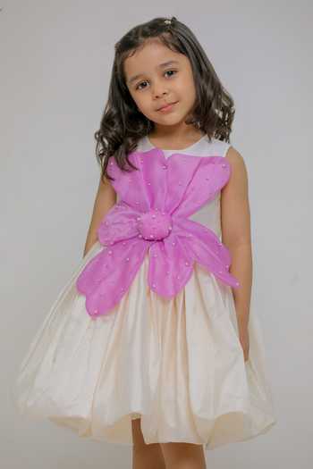 Lil Angels_White Silk, Cotton Petal Applique Embroidered Dress _Online_at_Aza_Fashions