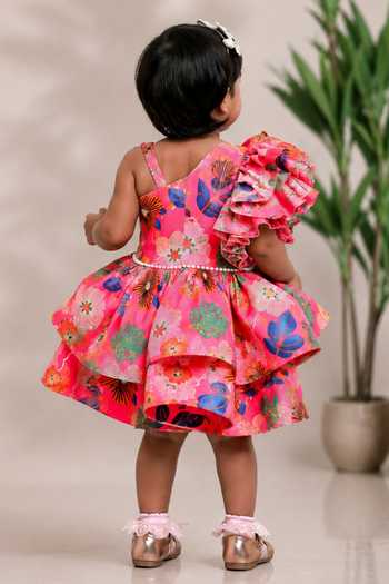 Shop_Lil Angels_Pink Cotton, Muslin One Shoulder Printed Dress _at_Aza_Fashions