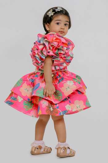 Lil Angels_Pink Cotton, Muslin One Shoulder Printed Dress _Online_at_Aza_Fashions