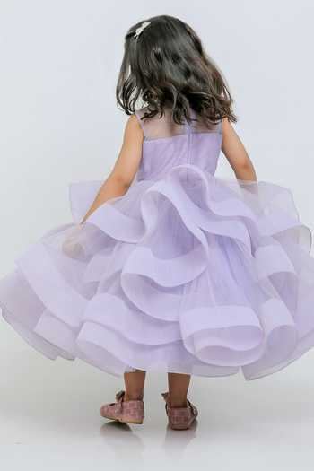 Shop_Lil Angels_Purple Cotton, Net Stones Embellished Ruffle Gown _at_Aza_Fashions