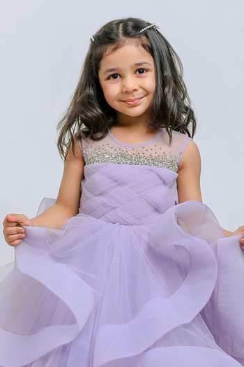 Lil Angels_Purple Cotton, Net Stones Embellished Ruffle Gown _Online_at_Aza_Fashions