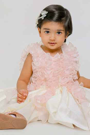Lil Angels_Pink Silk, Cotton, Organza White And Ruched Dress _Online_at_Aza_Fashions