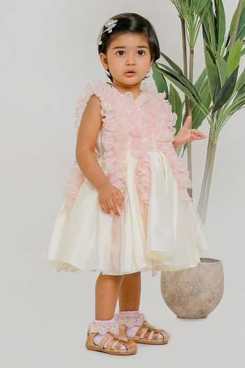 Buy_Lil Angels_Pink Silk, Cotton, Organza White And Ruched Dress _at_Aza_Fashions