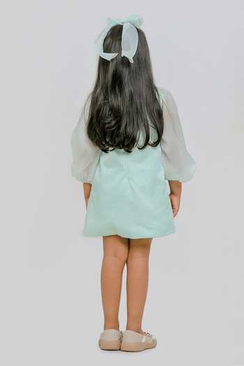 Shop_Lil Angels_Green Cotton, Organza Sequins Flower Embroidered Dress _at_Aza_Fashions