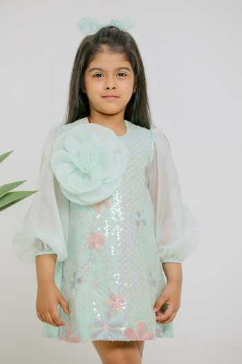 Lil Angels_Green Cotton, Organza Sequins Flower Embroidered Dress _Online_at_Aza_Fashions