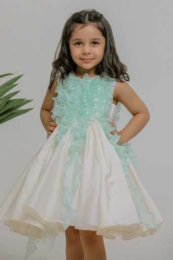 Lil Angels_Blue Silk, Cotton, Organza White And Ruched Dress _Online_at_Aza_Fashions