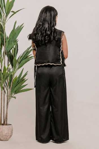 Shop_Lil Angels_Black Silk, Organza Heart Embroidered Bib And Palazzo Set _at_Aza_Fashions
