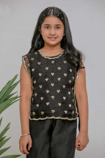 Lil Angels_Black Silk, Organza Heart Embroidered Bib And Palazzo Set _Online_at_Aza_Fashions