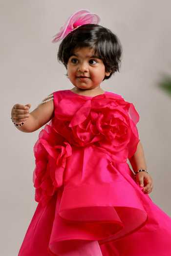 Lil Angels_Pink Silk, Cotton Flower Embroidered Dress _Online_at_Aza_Fashions