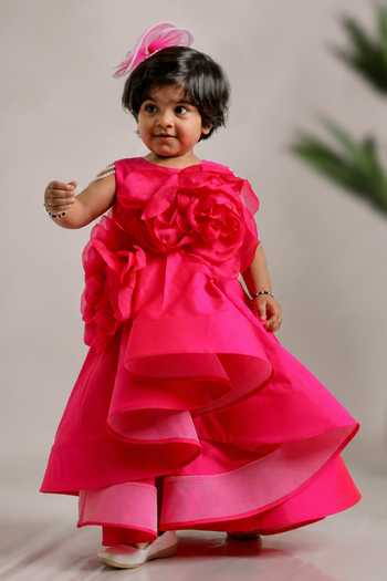 Buy_Lil Angels_Pink Silk, Cotton Flower Embroidered Dress _at_Aza_Fashions