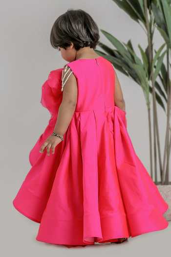 Shop_Lil Angels_Pink Silk, Cotton Flower Embroidered Dress _at_Aza_Fashions