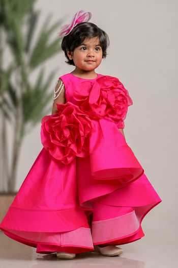 Buy_Lil Angels_Pink Silk, Cotton Flower Embroidered Dress _Online_at_Aza_Fashions