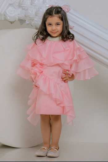 Buy_Lil Angels_Peach Organza, Satin Emily Ruffle Dress _at_Aza_Fashions