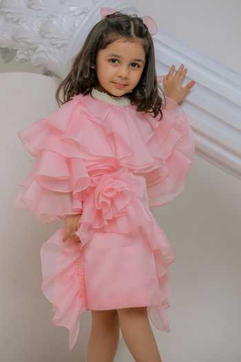 Lil Angels_Peach Organza, Satin Emily Ruffle Dress _Online_at_Aza_Fashions