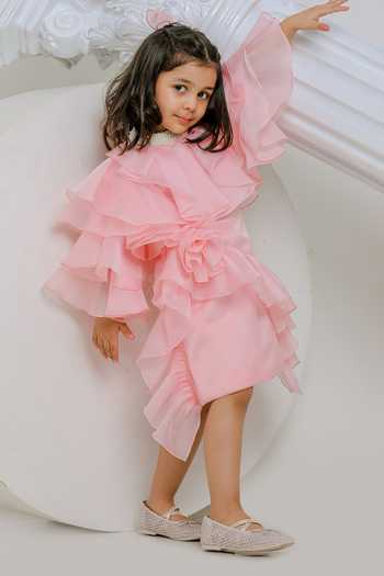 Buy_Lil Angels_Peach Organza, Satin Emily Ruffle Dress _Online_at_Aza_Fashions