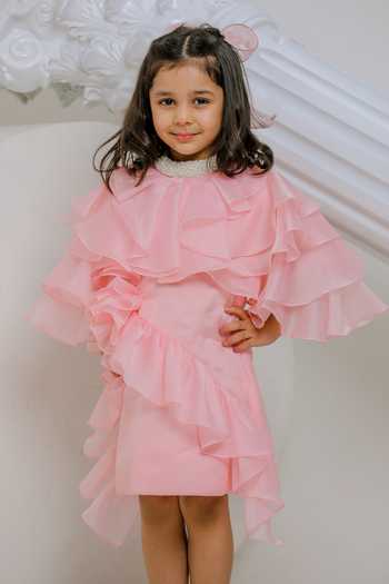 Shop_Lil Angels_Peach Organza, Satin Emily Ruffle Dress _Online_at_Aza_Fashions