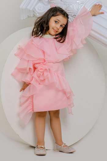 Lil Angels_Peach Organza, Satin Emily Ruffle Dress _at_Aza_Fashions