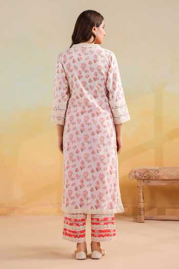 Shop_Anshu Wadhwa_Off White Cotton V-neck, Yes Printed Straight Kurta Set With Dupatta _at_Aza_Fashions