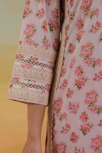 Shop_Anshu Wadhwa_Off White Cotton V-neck, Yes Printed Straight Kurta Set With Dupatta 