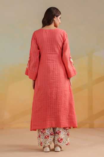 Shop_Anshu Wadhwa_Orange Cotton, Kota Doria V-neck Applique Embroidered A Line Kurta Set _at_Aza_Fashions