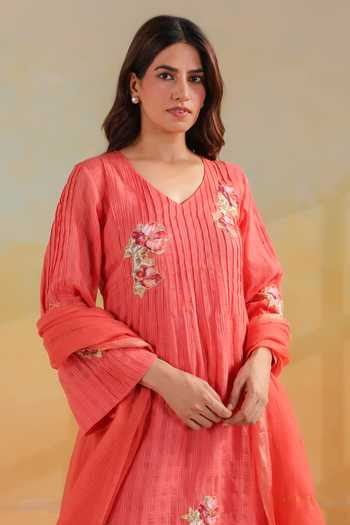 Buy_Anshu Wadhwa_Orange Cotton, Kota Doria V-neck Applique Embroidered A Line Kurta Set 