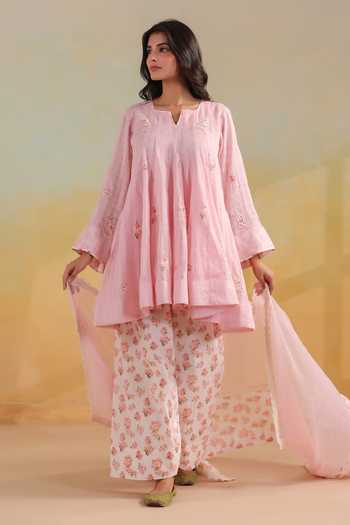 Buy_Anshu Wadhwa_Pink Cotton, Kota Doria Split V-neck, Yes Short Kalidar Kurta Salwar Set _at_Aza_Fashions