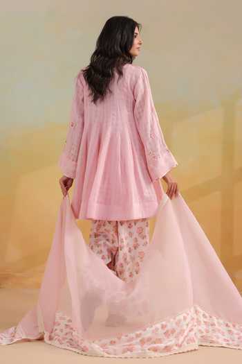 Shop_Anshu Wadhwa_Pink Cotton, Kota Doria Split V-neck, Yes Short Kalidar Kurta Salwar Set _at_Aza_Fashions