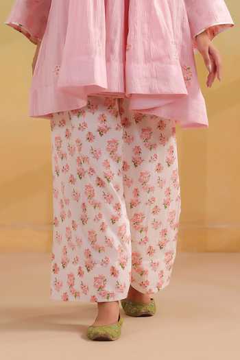 Buy_Anshu Wadhwa_Pink Cotton, Kota Doria Split V-neck Short Kalidar Kurta And Printed Salwar Set _Online_at_Aza_Fashions