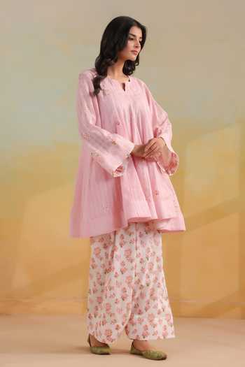 Anshu Wadhwa_Pink Cotton, Kota Doria Split V-neck Short Kalidar Kurta And Printed Salwar Set _at_Aza_Fashions